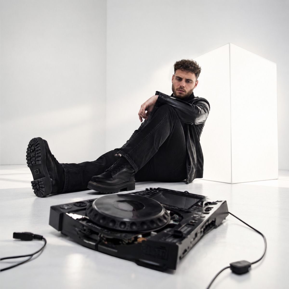 Arthur Allard, DJ et youtubeur musique, assis à côté de ses platines CDJ en studio