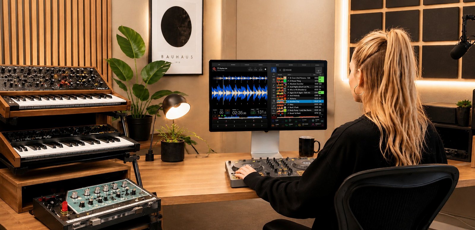 Une DJ mixe avec le logiciel Stembox affiché sur son écran, en home studio