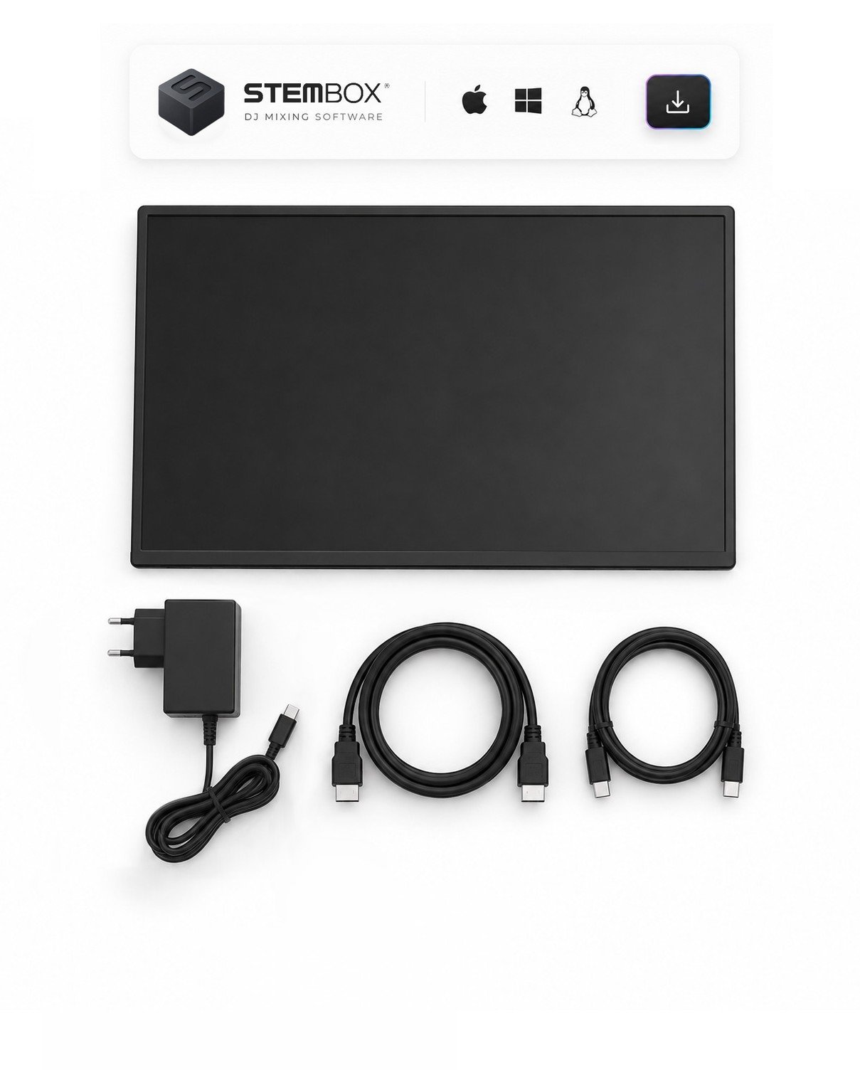 Contenu Stembox Display — écran tactile 15,6″, alimentation, câbles HDMI et USB-C