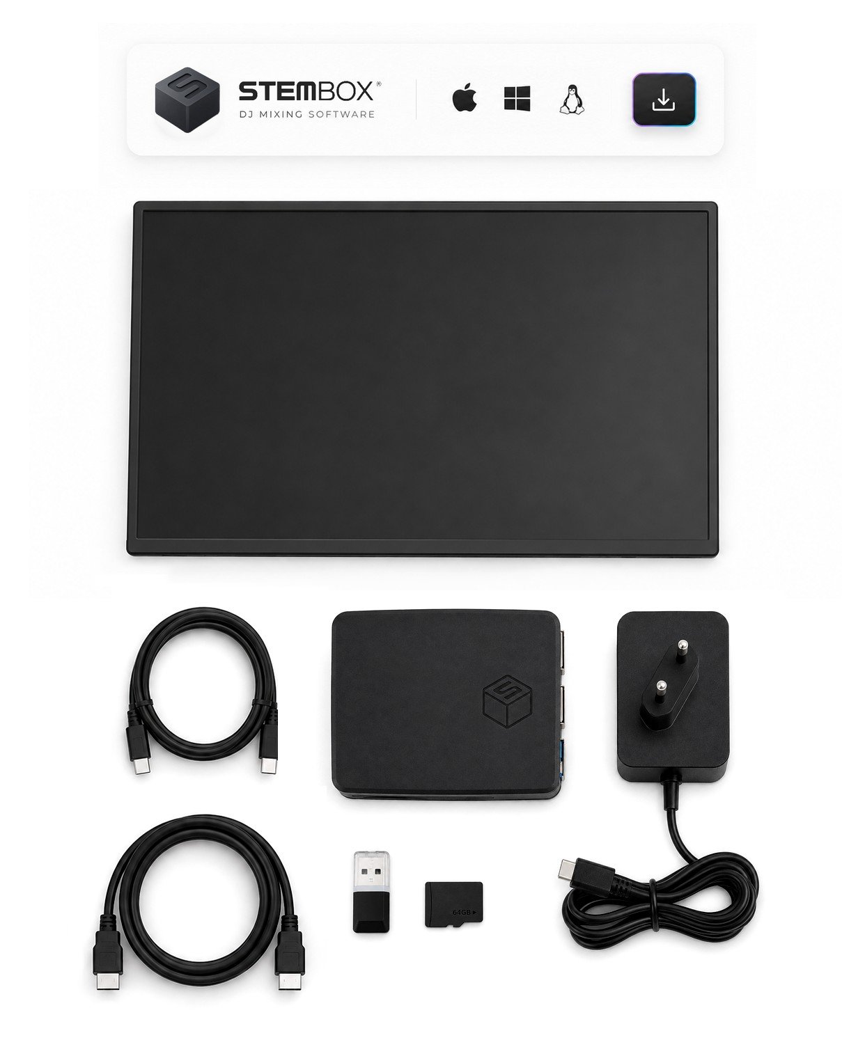 Contenu Stembox Pro — écran tactile, unité autonome, carte microSD 64 Go, alimentation et câbles