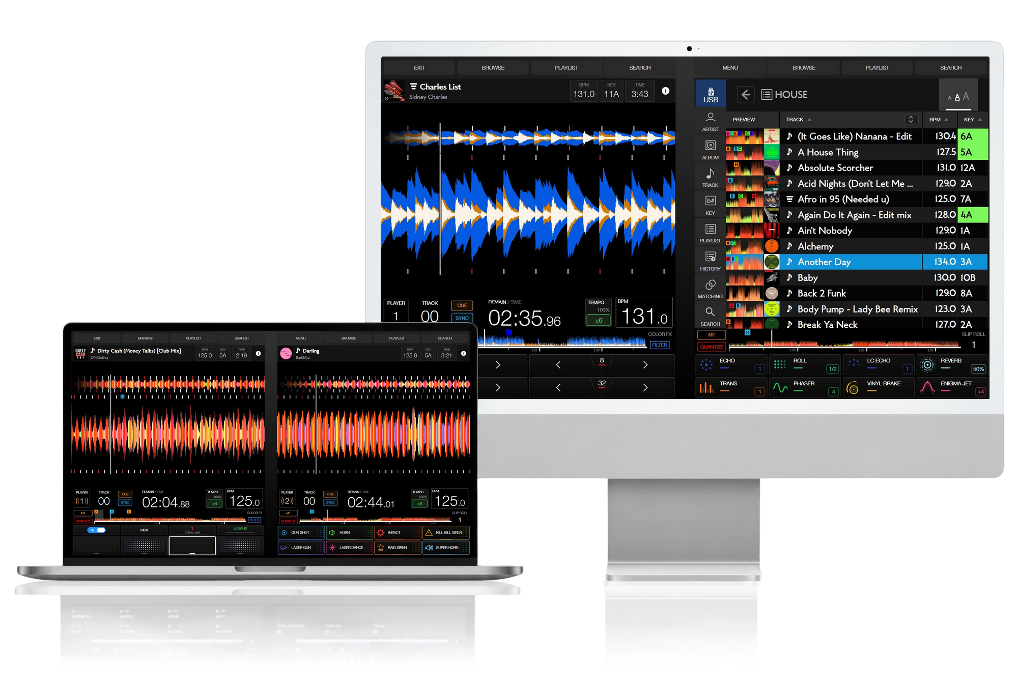Le logiciel DJ Stembox affiché sur un ordinateur et un laptop