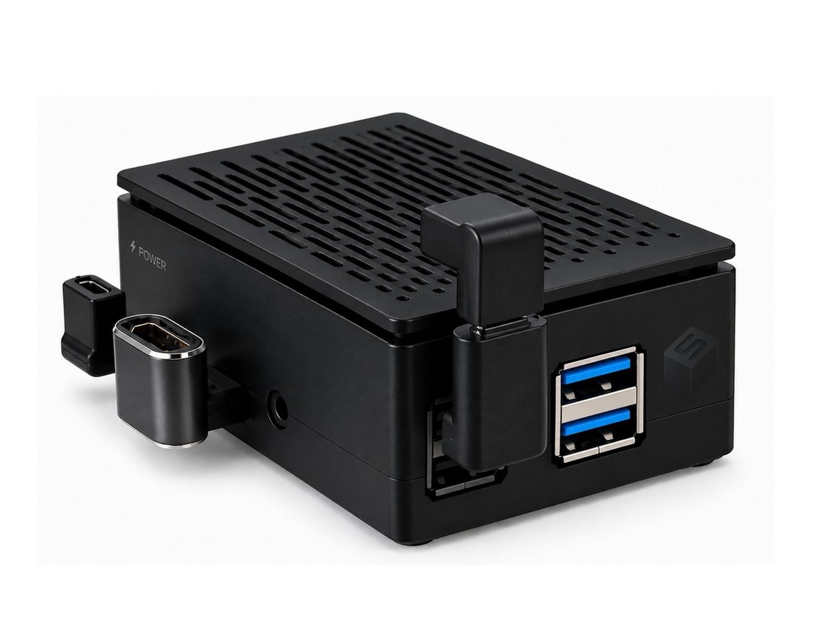 Unité autonome Stembox Pro avec ses adaptateurs coudés HDMI et USB-C